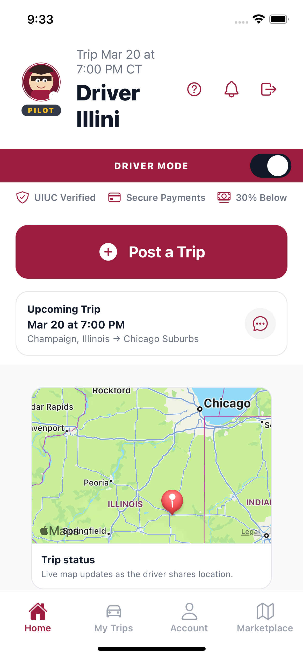 IlliniRide driver home showing Post a Trip and earnings