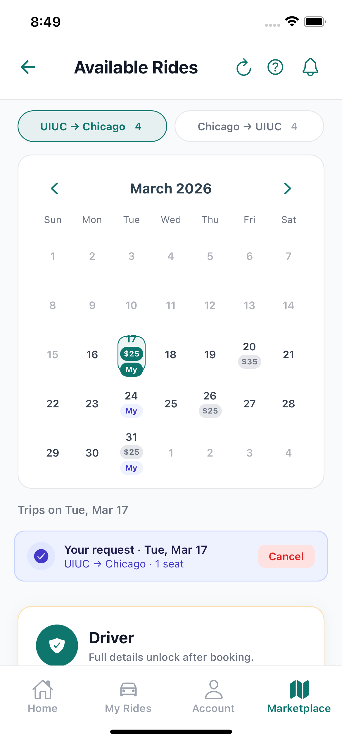 IlliniRide marketplace showing available trips by date
