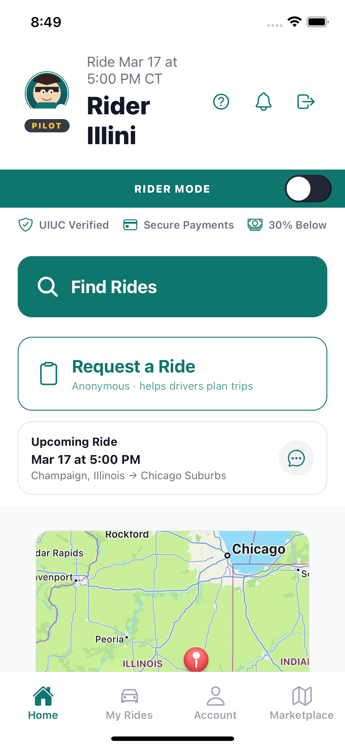 IlliniRide rider home screen showing Find Rides and mode toggle